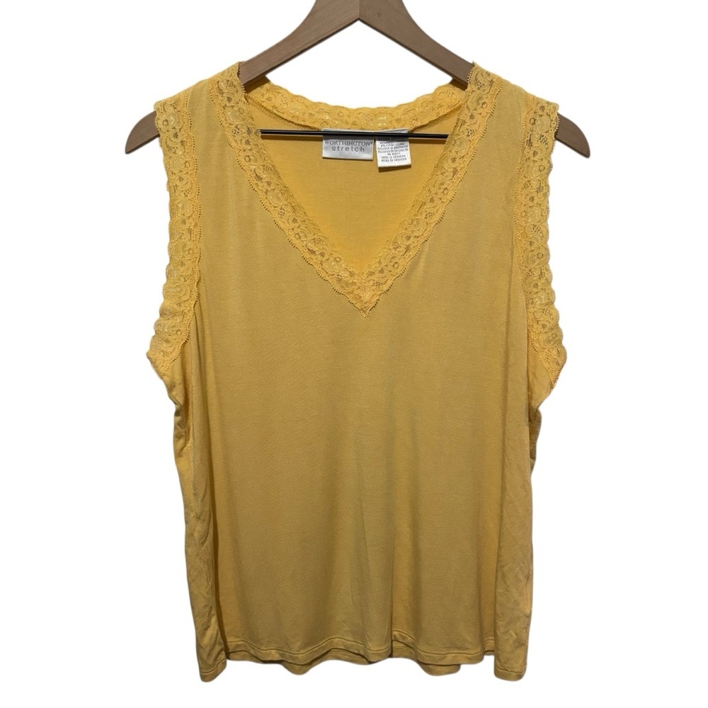Worthington Y2K Yellow Sleeveless Lace V-Neck Tank Cami Girly Feminine XL